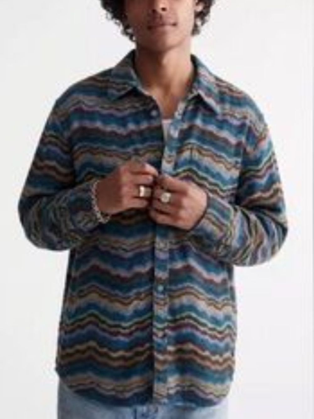 BDG Mens Blue Brown Wave Stripe Button Down Heavyweight Cotton Shirt Size Medium